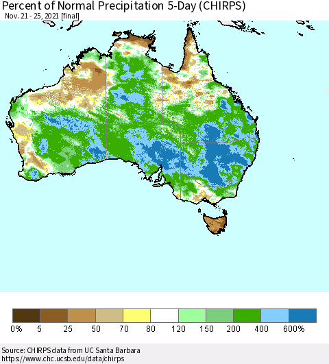 Australia Percent of Normal Precipitation 5-Day (CHIRPS) Thematic Map For 11/21/2021 - 11/25/2021