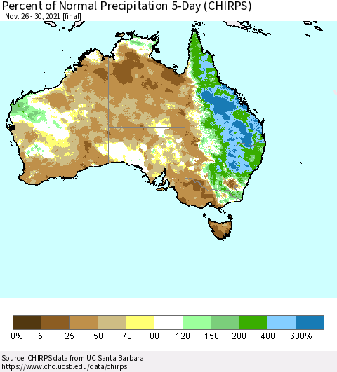 Australia Percent of Normal Precipitation 5-Day (CHIRPS) Thematic Map For 11/26/2021 - 11/30/2021