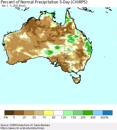 Australia Percent of Normal Precipitation 5-Day (CHIRPS) Thematic Map For 12/1/2021 - 12/5/2021