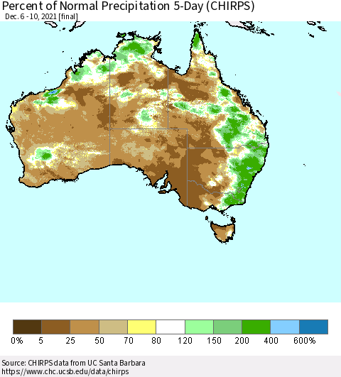 Australia Percent of Normal Precipitation 5-Day (CHIRPS) Thematic Map For 12/6/2021 - 12/10/2021