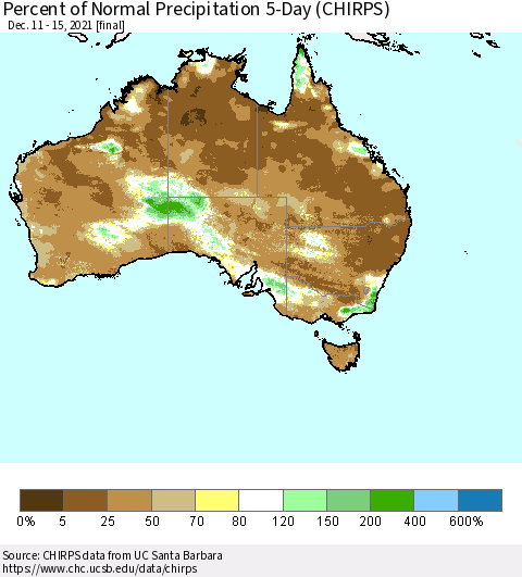 Australia Percent of Normal Precipitation 5-Day (CHIRPS) Thematic Map For 12/11/2021 - 12/15/2021