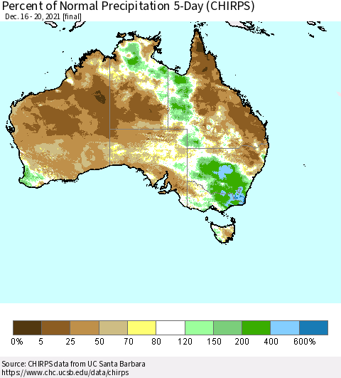 Australia Percent of Normal Precipitation 5-Day (CHIRPS) Thematic Map For 12/16/2021 - 12/20/2021