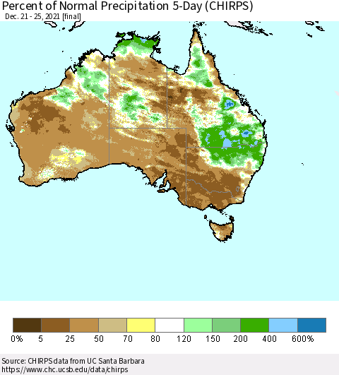Australia Percent of Normal Precipitation 5-Day (CHIRPS) Thematic Map For 12/21/2021 - 12/25/2021