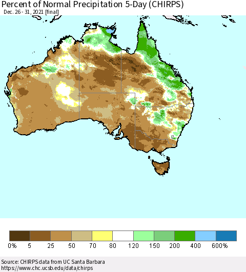 Australia Percent of Normal Precipitation 5-Day (CHIRPS) Thematic Map For 12/26/2021 - 12/31/2021