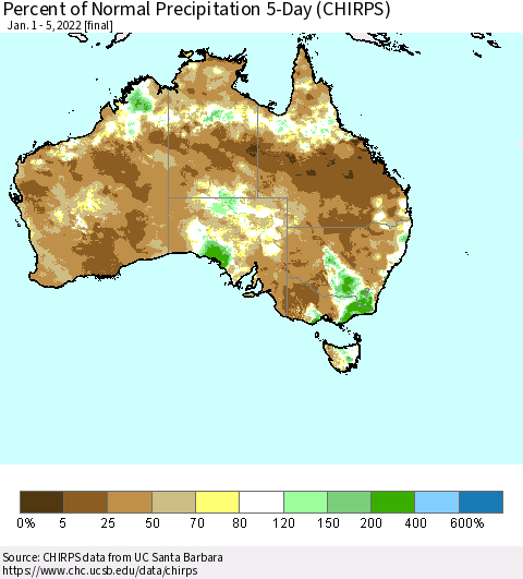 Australia Percent of Normal Precipitation 5-Day (CHIRPS) Thematic Map For 1/1/2022 - 1/5/2022