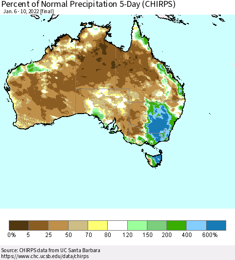 Australia Percent of Normal Precipitation 5-Day (CHIRPS) Thematic Map For 1/6/2022 - 1/10/2022