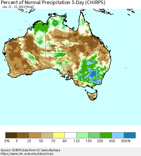 Australia Percent of Normal Precipitation 5-Day (CHIRPS) Thematic Map For 1/11/2022 - 1/15/2022