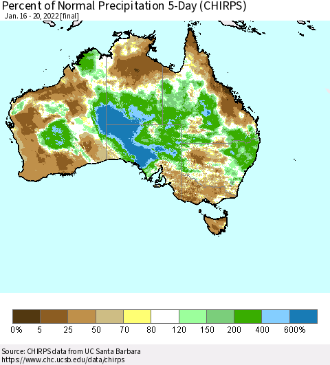 Australia Percent of Normal Precipitation 5-Day (CHIRPS) Thematic Map For 1/16/2022 - 1/20/2022