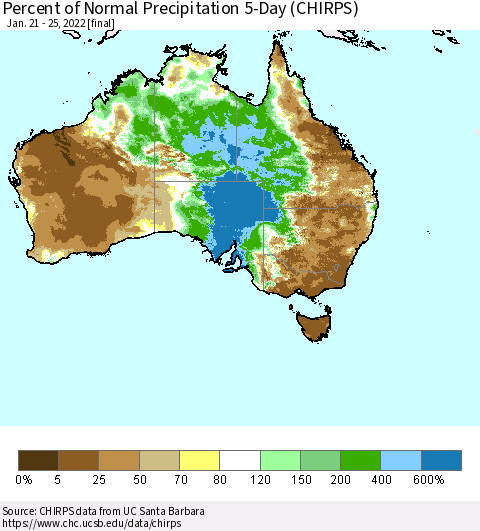 Australia Percent of Normal Precipitation 5-Day (CHIRPS) Thematic Map For 1/21/2022 - 1/25/2022