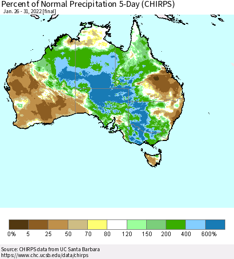 Australia Percent of Normal Precipitation 5-Day (CHIRPS) Thematic Map For 1/26/2022 - 1/31/2022