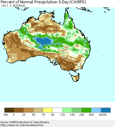 Australia Percent of Normal Precipitation 5-Day (CHIRPS) Thematic Map For 2/1/2022 - 2/5/2022