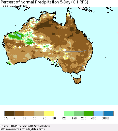 Australia Percent of Normal Precipitation 5-Day (CHIRPS) Thematic Map For 2/6/2022 - 2/10/2022