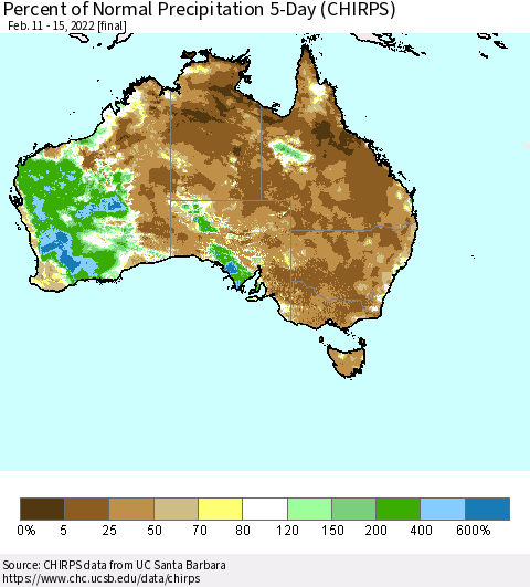 Australia Percent of Normal Precipitation 5-Day (CHIRPS) Thematic Map For 2/11/2022 - 2/15/2022