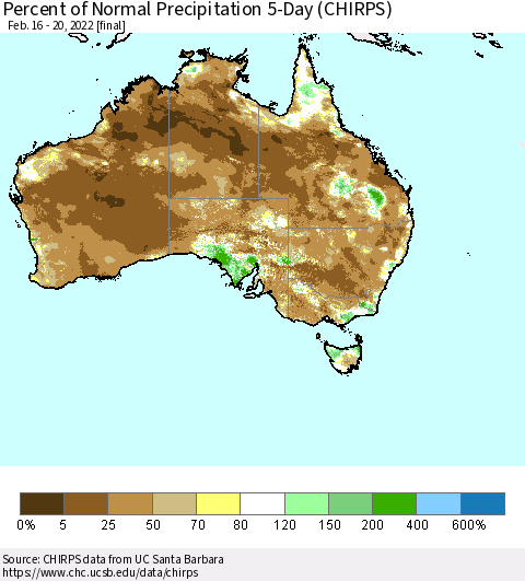 Australia Percent of Normal Precipitation 5-Day (CHIRPS) Thematic Map For 2/16/2022 - 2/20/2022
