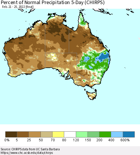 Australia Percent of Normal Precipitation 5-Day (CHIRPS) Thematic Map For 2/21/2022 - 2/25/2022