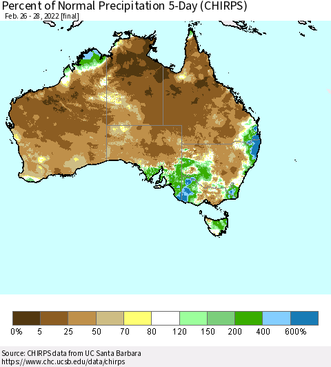 Australia Percent of Normal Precipitation 5-Day (CHIRPS) Thematic Map For 2/26/2022 - 2/28/2022