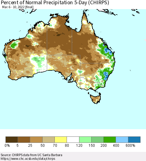 Australia Percent of Normal Precipitation 5-Day (CHIRPS) Thematic Map For 3/6/2022 - 3/10/2022