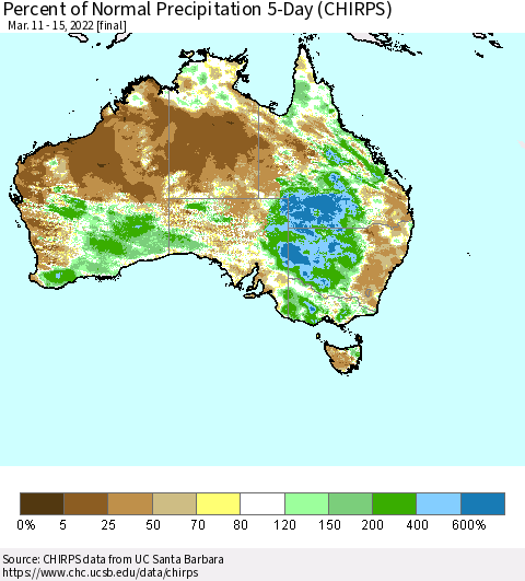 Australia Percent of Normal Precipitation 5-Day (CHIRPS) Thematic Map For 3/11/2022 - 3/15/2022
