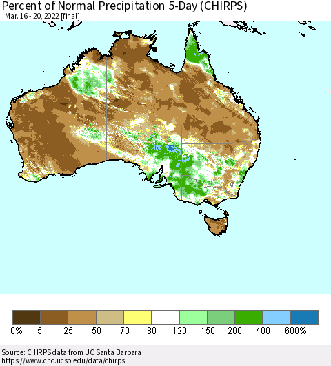 Australia Percent of Normal Precipitation 5-Day (CHIRPS) Thematic Map For 3/16/2022 - 3/20/2022