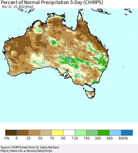 Australia Percent of Normal Precipitation 5-Day (CHIRPS) Thematic Map For 3/21/2022 - 3/25/2022
