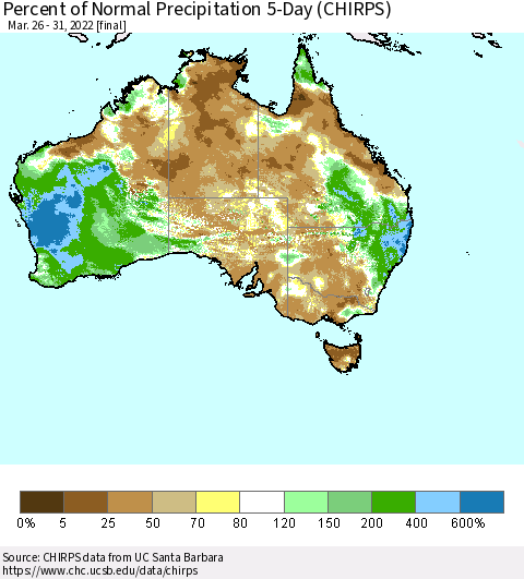 Australia Percent of Normal Precipitation 5-Day (CHIRPS) Thematic Map For 3/26/2022 - 3/31/2022