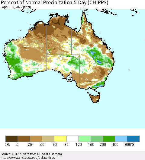 Australia Percent of Normal Precipitation 5-Day (CHIRPS) Thematic Map For 4/1/2022 - 4/5/2022