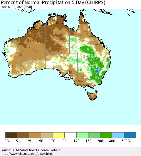 Australia Percent of Normal Precipitation 5-Day (CHIRPS) Thematic Map For 4/6/2022 - 4/10/2022