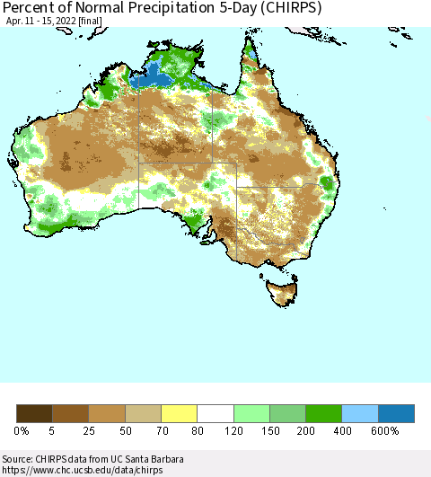 Australia Percent of Normal Precipitation 5-Day (CHIRPS) Thematic Map For 4/11/2022 - 4/15/2022