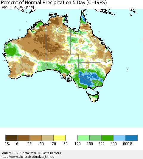 Australia Percent of Normal Precipitation 5-Day (CHIRPS) Thematic Map For 4/16/2022 - 4/20/2022