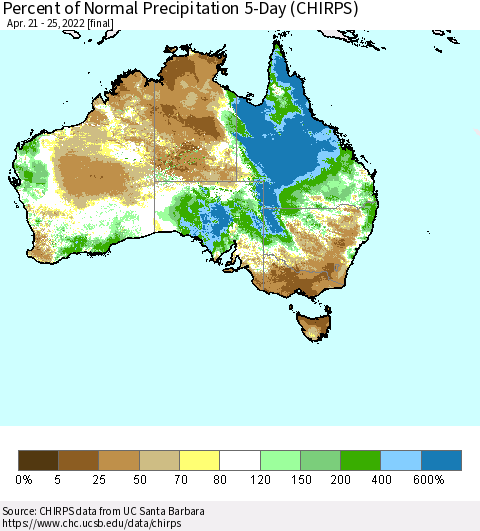 Australia Percent of Normal Precipitation 5-Day (CHIRPS) Thematic Map For 4/21/2022 - 4/25/2022