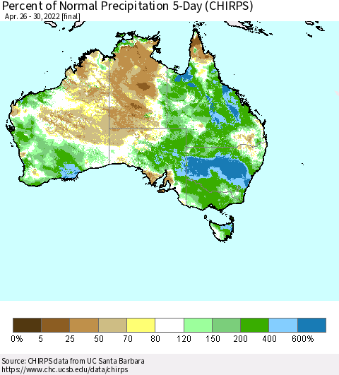 Australia Percent of Normal Precipitation 5-Day (CHIRPS) Thematic Map For 4/26/2022 - 4/30/2022