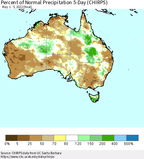 Australia Percent of Normal Precipitation 5-Day (CHIRPS) Thematic Map For 5/1/2022 - 5/5/2022