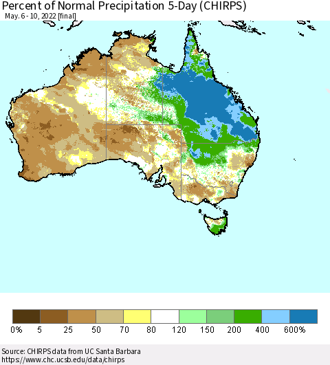 Australia Percent of Normal Precipitation 5-Day (CHIRPS) Thematic Map For 5/6/2022 - 5/10/2022