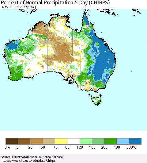 Australia Percent of Normal Precipitation 5-Day (CHIRPS) Thematic Map For 5/11/2022 - 5/15/2022