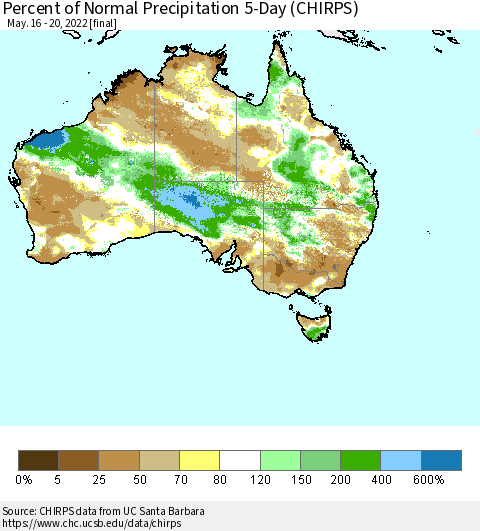 Australia Percent of Normal Precipitation 5-Day (CHIRPS) Thematic Map For 5/16/2022 - 5/20/2022