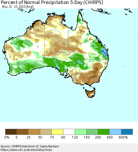 Australia Percent of Normal Precipitation 5-Day (CHIRPS) Thematic Map For 5/21/2022 - 5/25/2022
