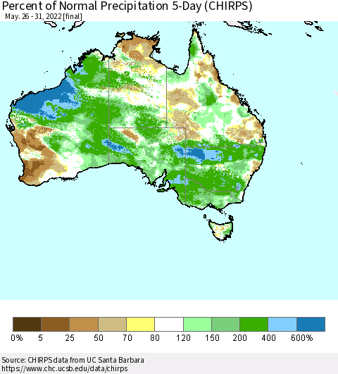 Australia Percent of Normal Precipitation 5-Day (CHIRPS) Thematic Map For 5/26/2022 - 5/31/2022