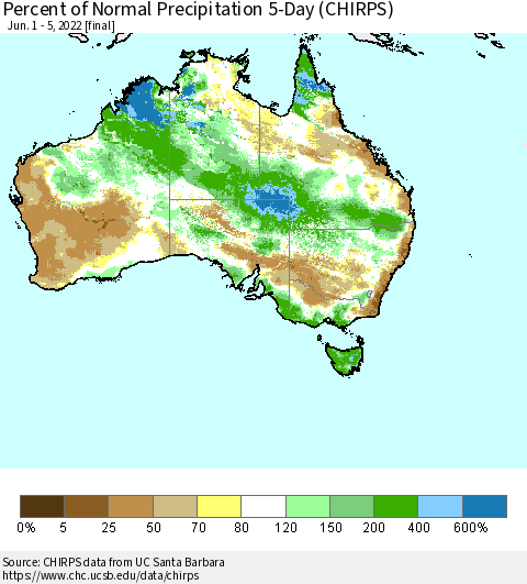 Australia Percent of Normal Precipitation 5-Day (CHIRPS) Thematic Map For 6/1/2022 - 6/5/2022