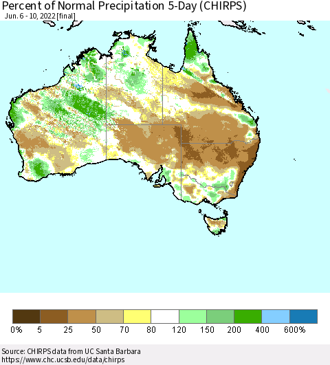 Australia Percent of Normal Precipitation 5-Day (CHIRPS) Thematic Map For 6/6/2022 - 6/10/2022