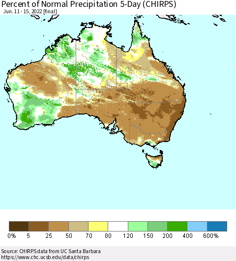 Australia Percent of Normal Precipitation 5-Day (CHIRPS) Thematic Map For 6/11/2022 - 6/15/2022