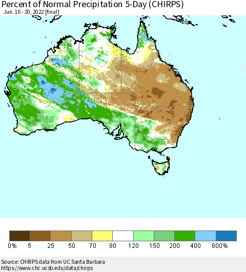 Australia Percent of Normal Precipitation 5-Day (CHIRPS) Thematic Map For 6/16/2022 - 6/20/2022