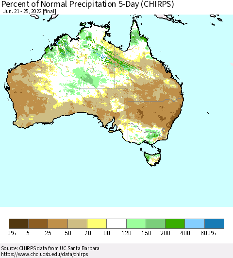 Australia Percent of Normal Precipitation 5-Day (CHIRPS) Thematic Map For 6/21/2022 - 6/25/2022