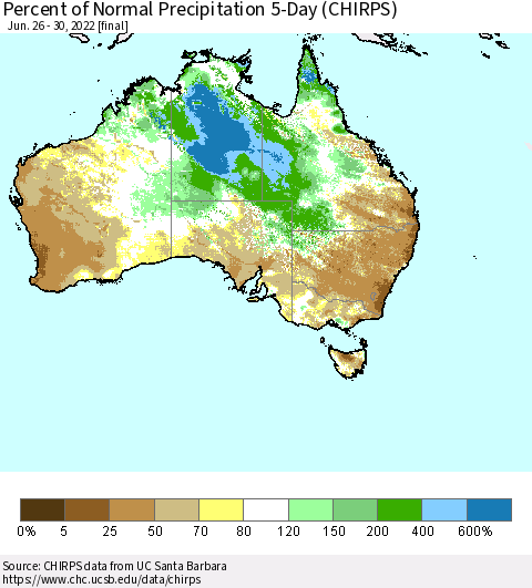 Australia Percent of Normal Precipitation 5-Day (CHIRPS) Thematic Map For 6/26/2022 - 6/30/2022