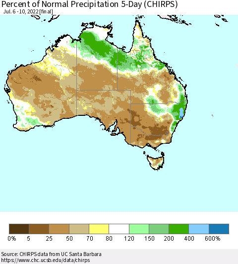 Australia Percent of Normal Precipitation 5-Day (CHIRPS) Thematic Map For 7/6/2022 - 7/10/2022