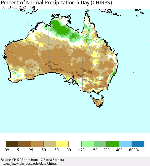 Australia Percent of Normal Precipitation 5-Day (CHIRPS) Thematic Map For 7/11/2022 - 7/15/2022