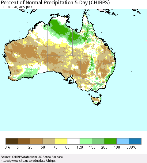 Australia Percent of Normal Precipitation 5-Day (CHIRPS) Thematic Map For 7/16/2022 - 7/20/2022