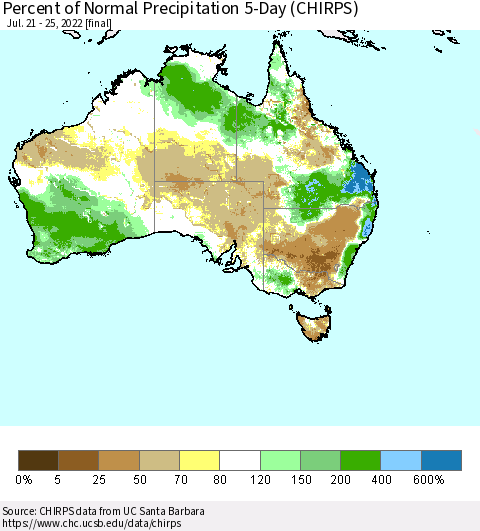 Australia Percent of Normal Precipitation 5-Day (CHIRPS) Thematic Map For 7/21/2022 - 7/25/2022