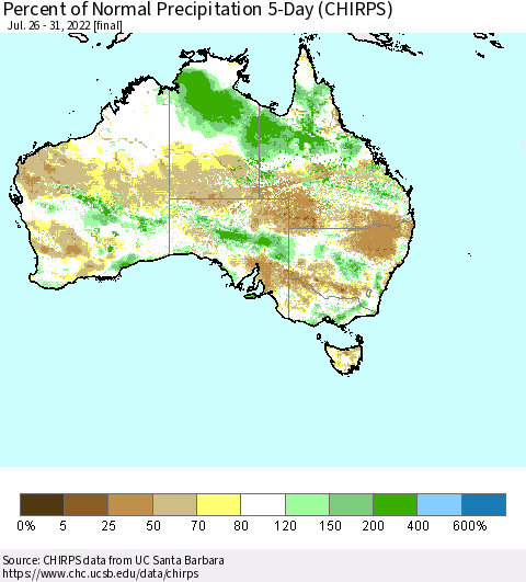 Australia Percent of Normal Precipitation 5-Day (CHIRPS) Thematic Map For 7/26/2022 - 7/31/2022