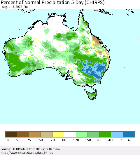 Australia Percent of Normal Precipitation 5-Day (CHIRPS) Thematic Map For 8/1/2022 - 8/5/2022