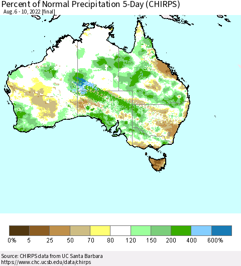 Australia Percent of Normal Precipitation 5-Day (CHIRPS) Thematic Map For 8/6/2022 - 8/10/2022